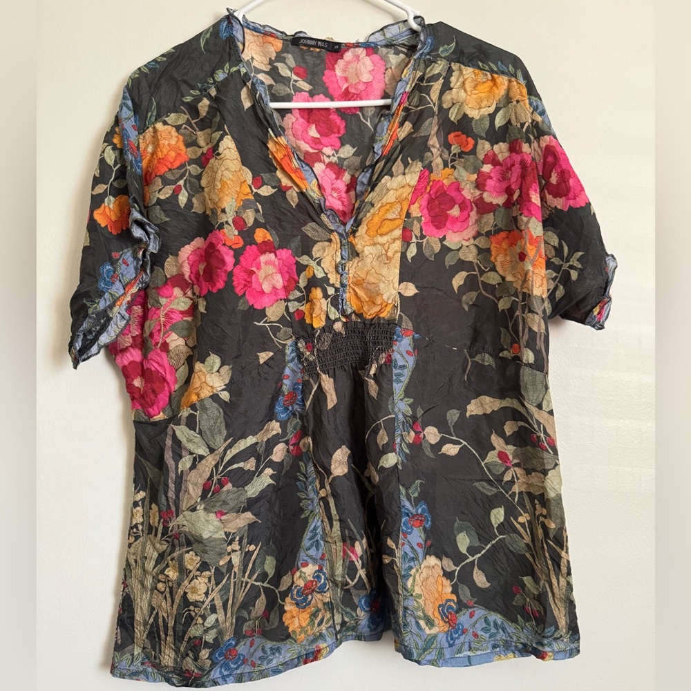 Johnny Was Black Floral V-Neck Short Sleeve Tunic with Pink & Yellow Blooms